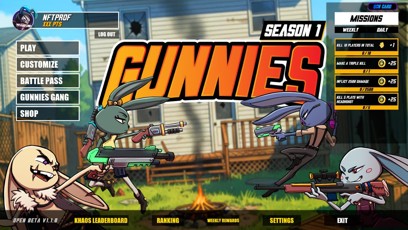 The Gunnies main menu, signed in, with the weekly and daily missions panel open