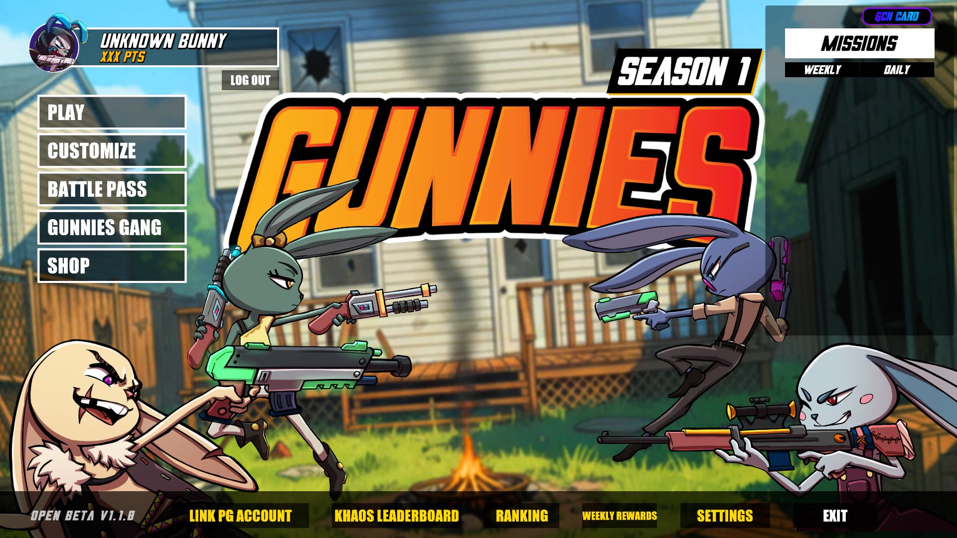 Gunnies Open Beta main menu: Play, Customize, Battle Pass, Gunnies Gang, Shop, Missions, Link PG Account, Khaos Leaderboard, Ranking, Weekly Rewards