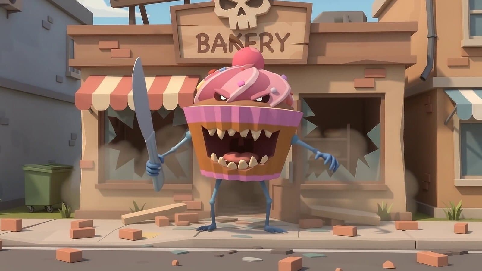 A zombie cupcake with a knife bursts out of a bakery