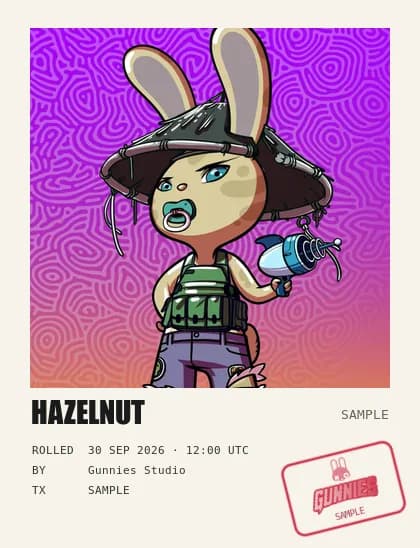 Sample: Hazelnut, wearing Clouds Eyes, Black Samurai Hat, Pacifier, Chocopoop, Tattered Jeans, Platoon, Icy Shot